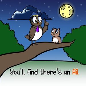 Image shows Professor Owl and Baby Owl on the branch of a tree. It's night time with a dark cloud and full moon in the sky. The Prof has one wing raised up with a pointing feather.