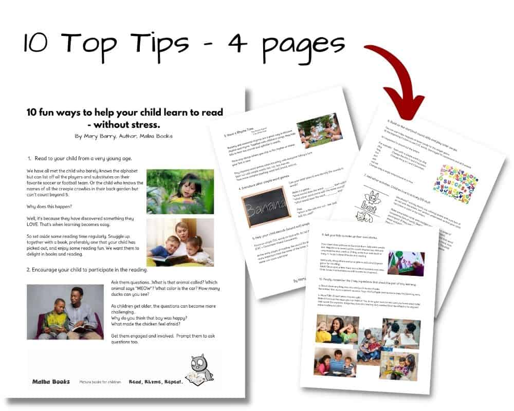 10 Fun Ways to help your child learn to read - without stress handout showing images of the 4 pages