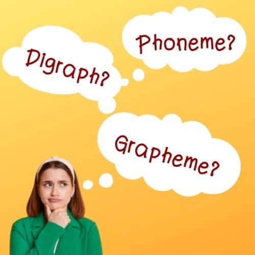 Image shows a lady wearing a green top with her hand under her chin looking puzzled. 3 speech bubbles say 'Digraph?', 'Phoneme?' and 'Grapheme?'