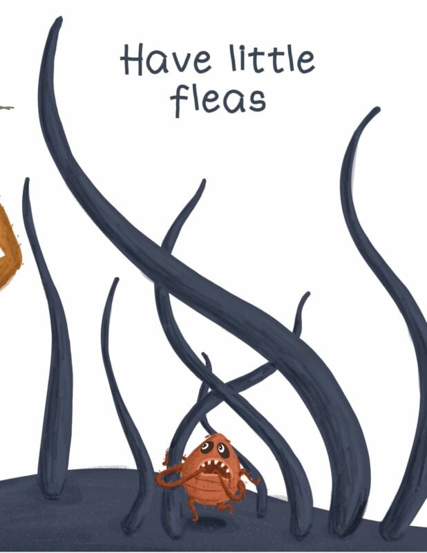 Image shows a small fearful looking cartoon flea among waving hairs. Text says "Have little fleas"