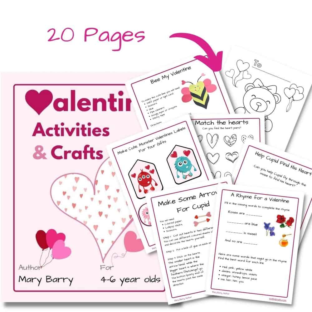 Valentine's Day Activities and Craft book showing sample pages of the interior, match the hearts, A rhyme for a Valentine, Cute Little Monster Valentine's Day labels, coloring page and maze.