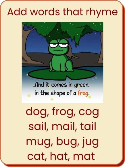Picture show frog on lily pad. Text: Add words that rhyme. dog, frog, cog sail, mail, tail mug, bug, jug cat, hat, mat