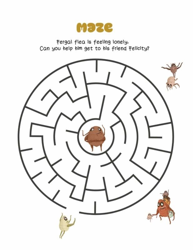 A circular maze with one brown cartoon flea in the centre while another pale greenish flea looks at the entrance. Text reads "Fergal flea is feeling lonely. Can you help him get to his friends Felicity?" Two other groups of fleas are nearby.