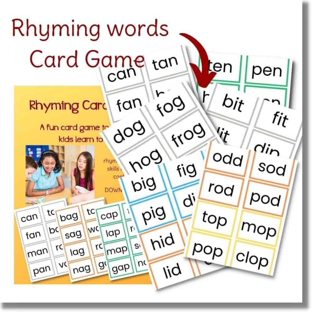 Rhyming words card game: Showing some of the printable sheets available for a, e, i, o, and u vowel CVC words