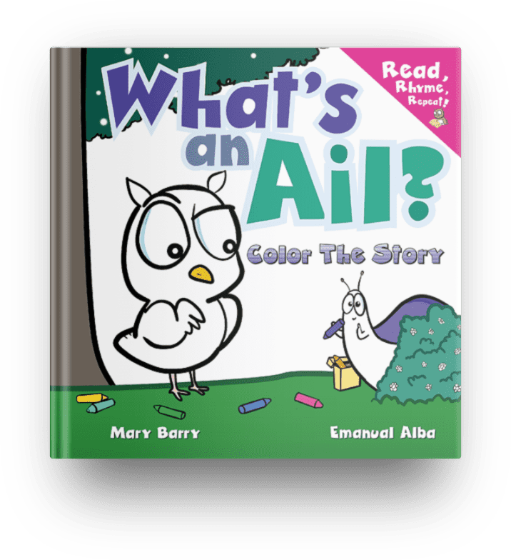 What's an Ail? Color the Story book cover from the Read, Rhyme, Repeat series by Mary Barry and Emanuel Alba of Malbab Books. Imag shows a Baby Owl looking with eyebrow raised at an unusual creature peeping from behind a flowery bush