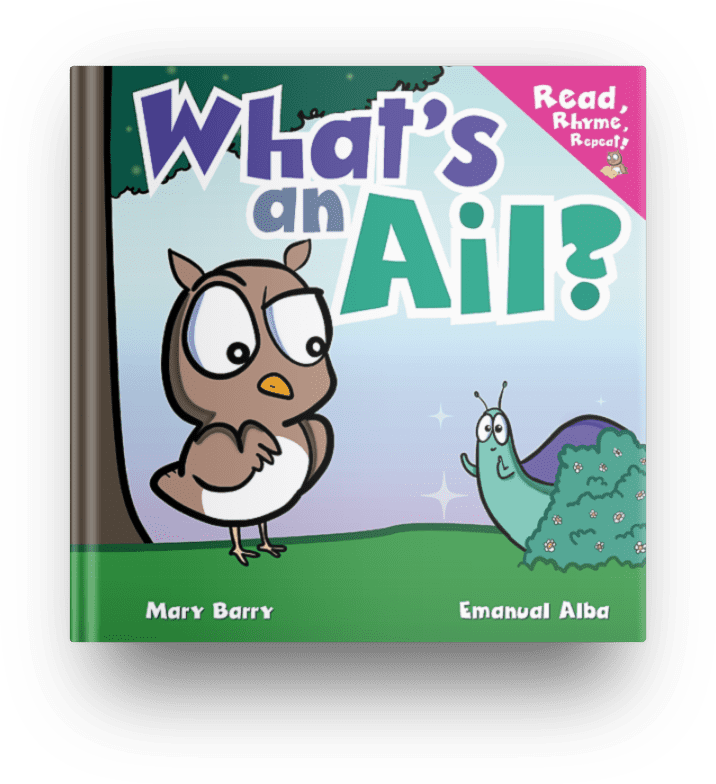 What's an Ail book cover form the Read, Rhyme, Repeat series by Mary Barry and Emanuel Alba of Malbab Books. Imag shows a Baby Owl looking with eyebrow raised at an unusual creature peeping from behind a flowery bush