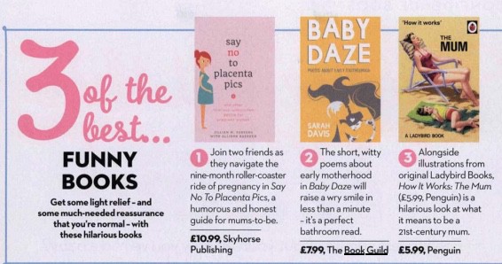 Image shows a clipping from 'Mother and Baby' magazine titled "3 of the best... Funny Books: Get some light relief - and much needed reassurance that you're normal - with these hilarious books. Features 'Baby Daze' by Sarah Davis: text: These short, witty poems about early motherhood will raise a wry smile in less than a minutes - it's the perfect bathroom read!"