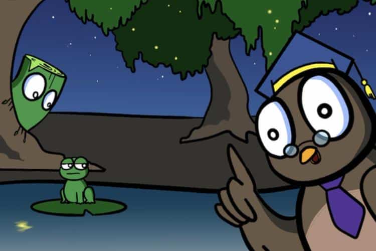 An unusual creat, an Og is peeping around a tree to look at a frog. Porf Owl is pointing to them.