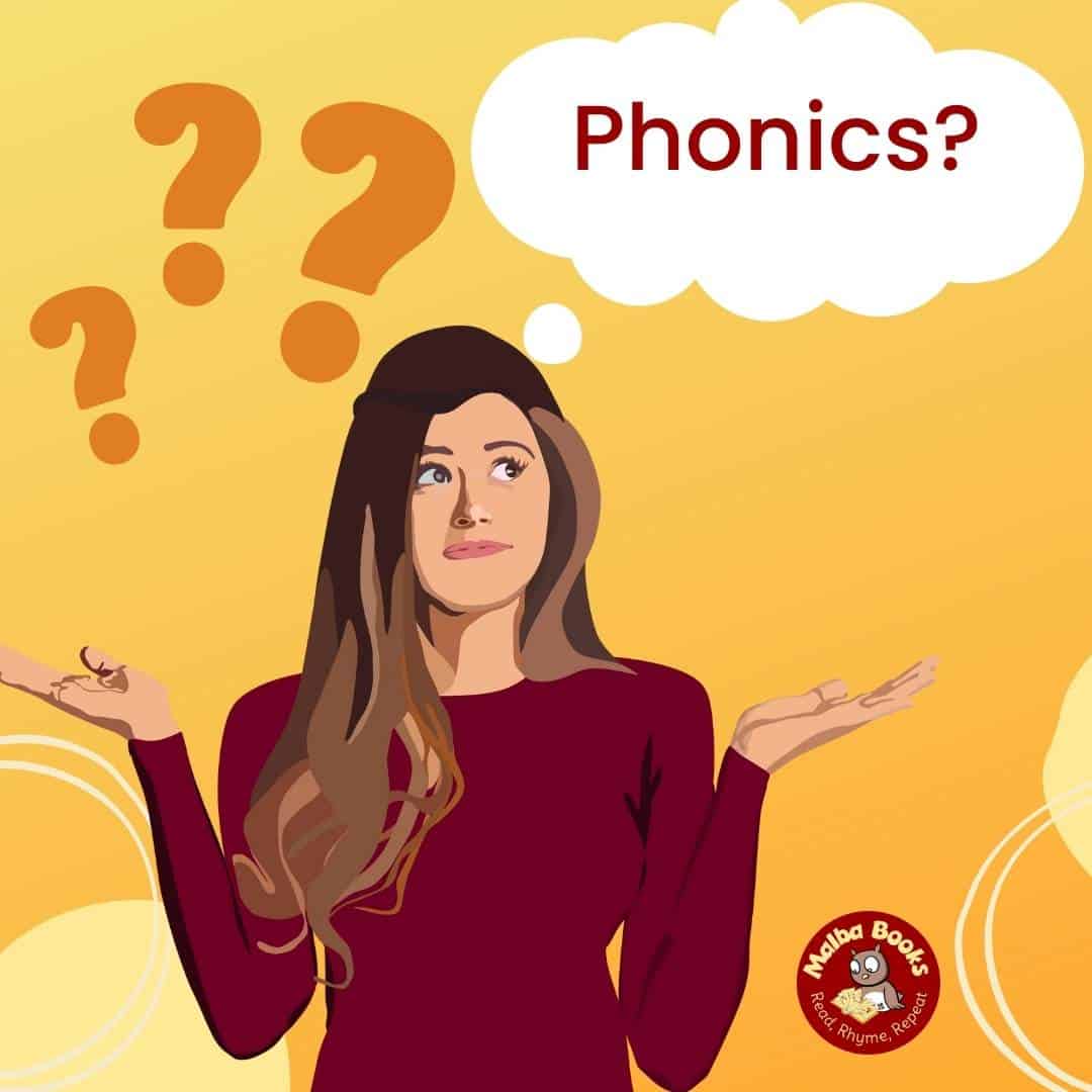 Picture shows graphic image of woman looking puzzled There are 3 question marks above her head and a speech bubble says 'Phonics?'