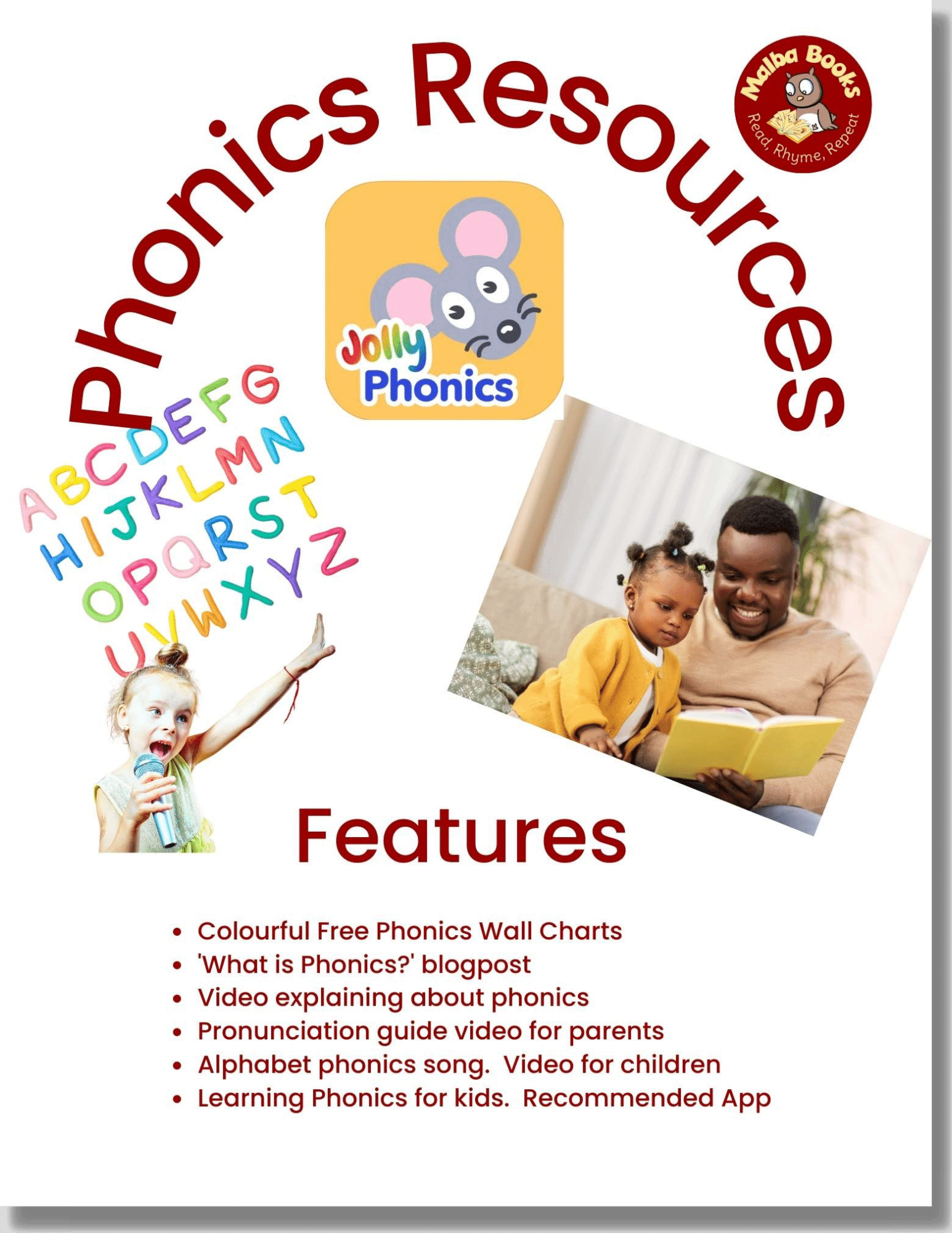 Text says 'Phonics Resources Features' followed by a list blog, videos chart app etc recommended. Images show the alphabet in multi-colours, a small blonde girl singing with a microphone, a man reading to a little girl with multiple pony tails and the Jolly phonics mouse.