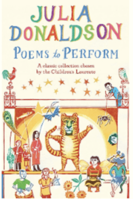 Shows the cover of Poems to Perform by Julia Donaldson featuring a big ginger cartoon cat and other animals