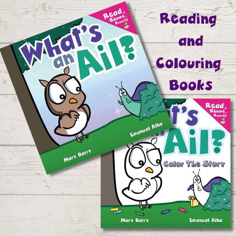 Two books What's an Ail\? reading book and Color The story version are shown on a light timber background