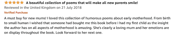 Shows 5 star review of 'Baby Daze' by Sarah Davis text says A must buy for new mums. I loved this humorous collection of poems about early motherhood. I wished that someone had bought this book before I had my first child.