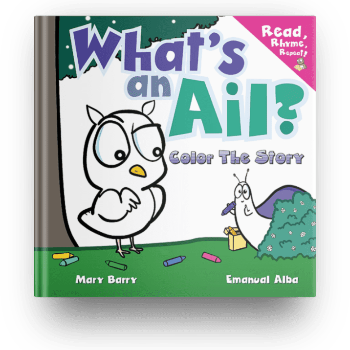What's an Ail? Color the Story book cover from the Read, Rhyme, Repeat series by Mary Barry and Emanuel Alba of Malbab Books. Imag shows a Baby Owl looking with eyebrow raised at an unusual creature peeping from behind a flowery bush