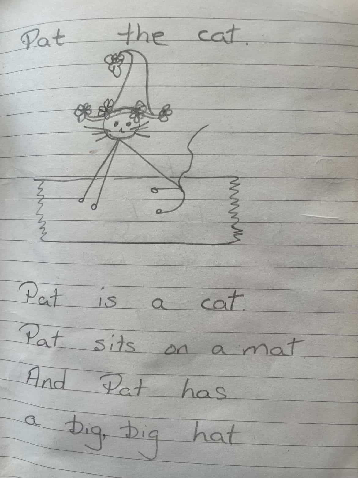 Stick figure cat sitting on a mat. TextPat the cat. Pat is a cat. Pat sits on a mat.And Pat has a big, big hat